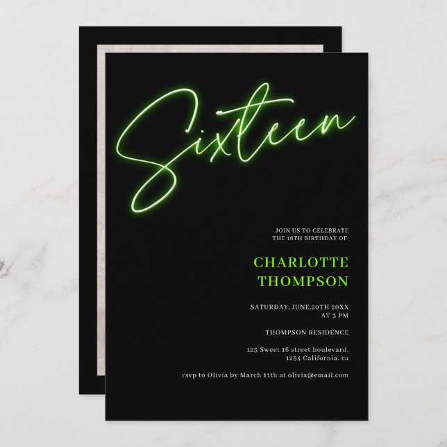 Invitation néon cool vert script rétro noir photo Sweet 16 (Devant / Derrière)