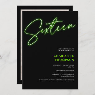 Invitation néon cool vert script rétro noir photo Sweet 16
