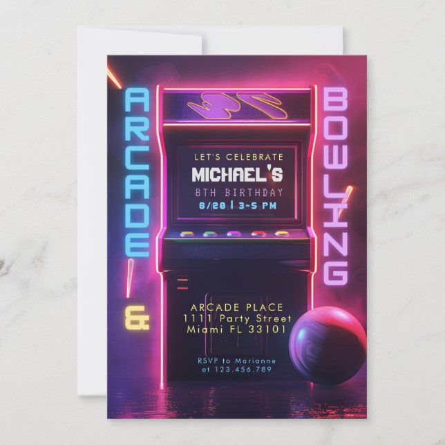Invitation Neon Glow Arcade Et Bowling Anniversaire (Devant)