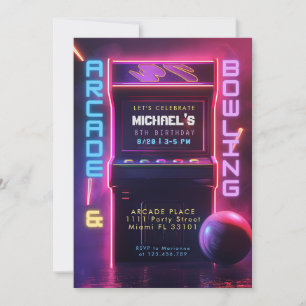 Invitation Neon Glow Arcade Et Bowling Anniversaire