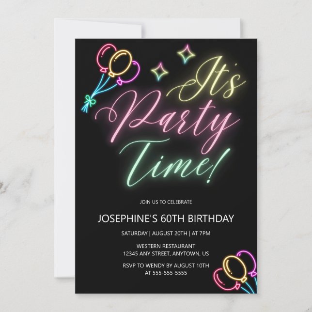 Invitation Neon Glow Balloon Fête Heure Anniversaire (Devant)