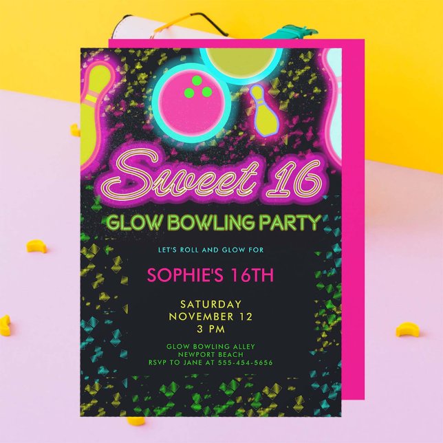 Invitation Neon Glow Bowling Party Girly mignonne Sassy Sweet (glow bowling sweet sixteen 16th birthday party invitation neon nostalgia 80s fun retro girly cute)