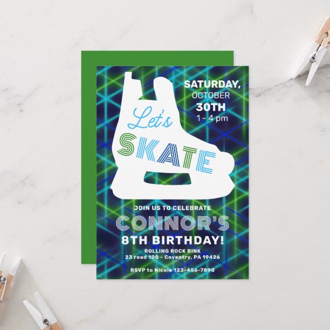 Invitation Neon Glow Boys de hockey sur glace Anniversaire (Devant/Arrière en situation)