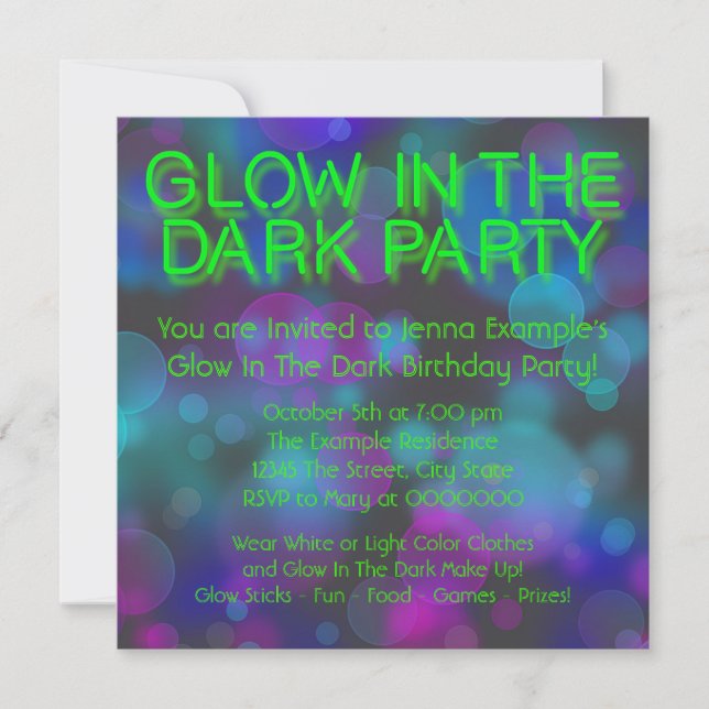 Invitation Neon Glow Dans La Fête D'Anniversaire Sombre (Devant)