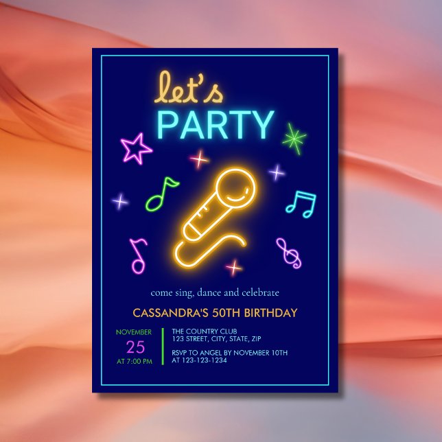Invitation Neon Glow Faisons la fête Karaoke Anniversaire (Créateur téléchargé)