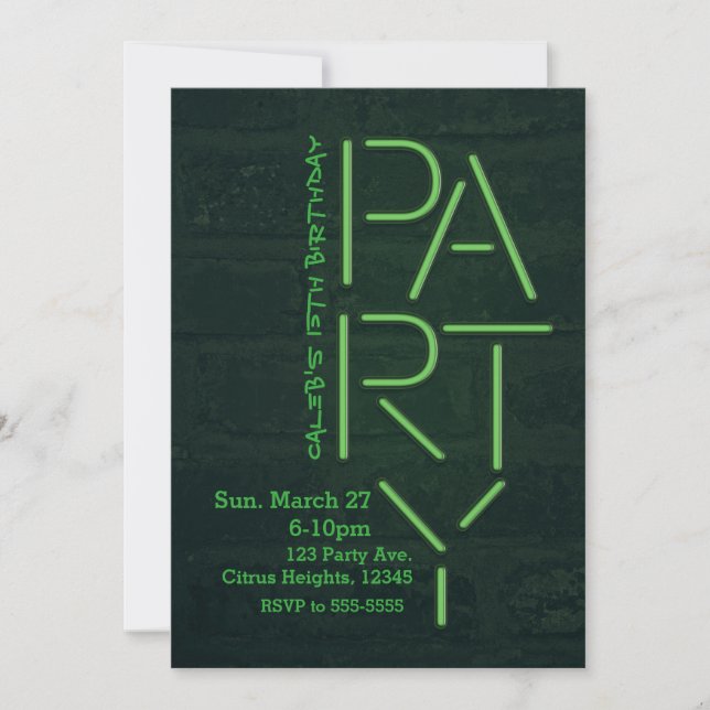 Invitation Neon Glow Green PARTY Mur en brique Urbain Invitat (Devant)
