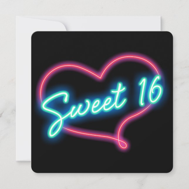 Invitation Neon Glow Heart SWEET 16 Anniversaire Fête Invitat (Devant)