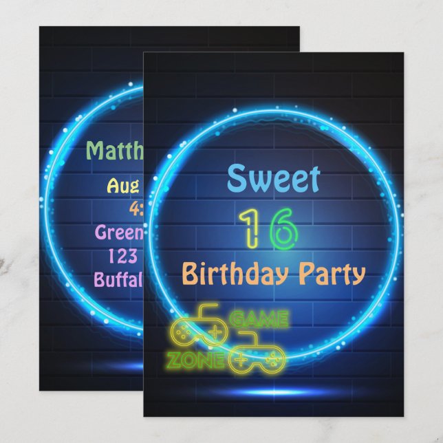 Invitation Neon Glow Jeu Sweet sixteen fête d'anniversaire (Devant / Derrière)
