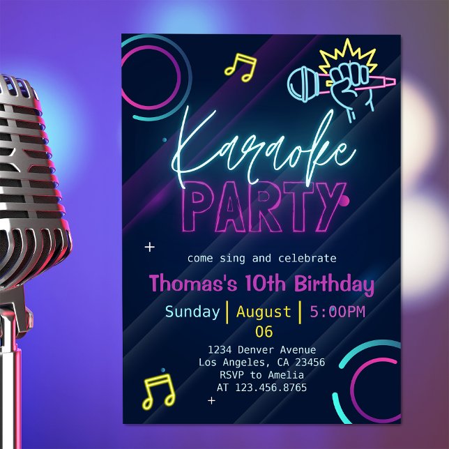 Invitation Neon Glow Karaoke Night Music Anniversaire (Créateur téléchargé)