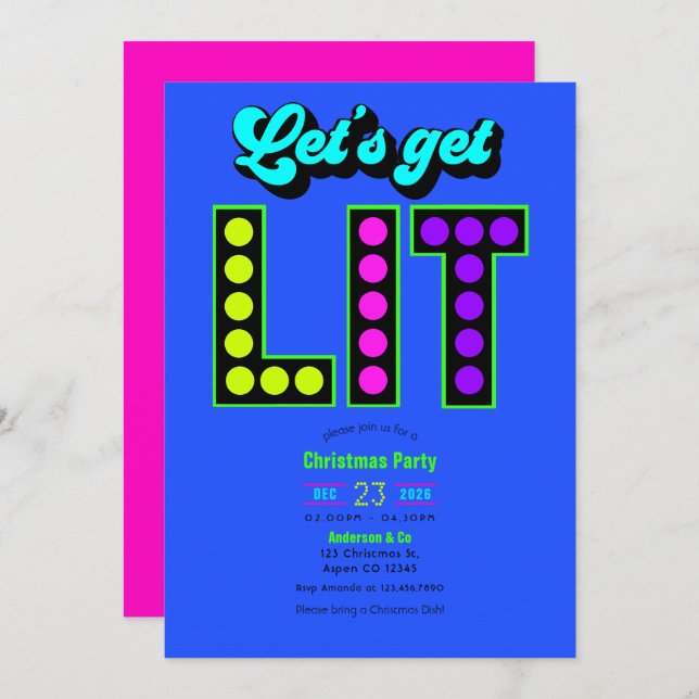 Invitation Neon Glow Let’s Get Lit Retro Christmas Party (Devant / Derrière)