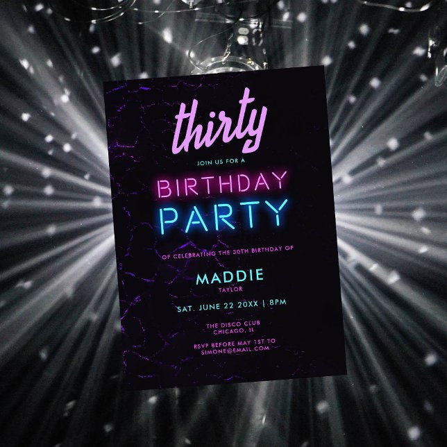 Invitation Neon Glow Pink Turquoise Black Disco 30e anniversa (Créateur téléchargé)