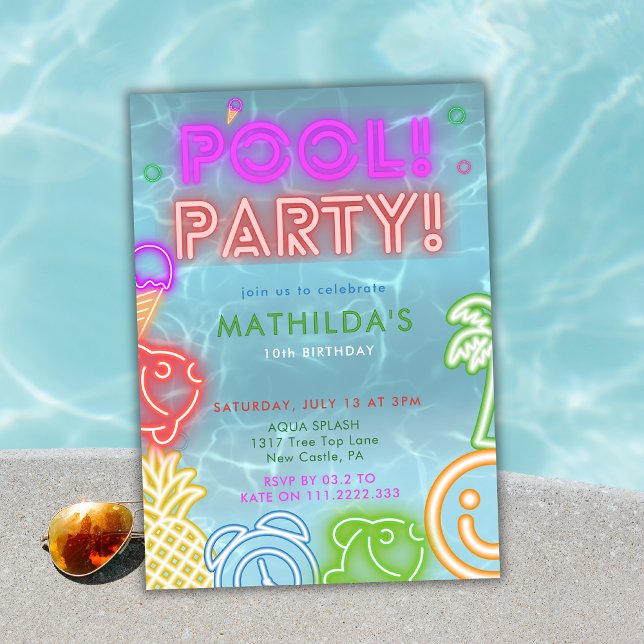 Invitation Neon Glow Pool Party Any Age Birthday  (Créateur téléchargé)