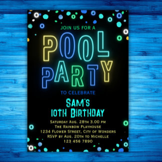 Invitation Neon Glow Pool Party Boys été Anniversaire fête