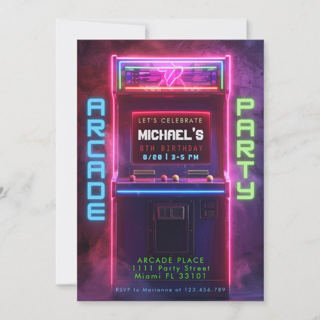 Invitation Neon Glow Retro Arcade Jeu Anniversaire (Devant)