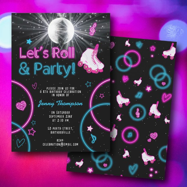 Invitation Neon Glow Roller Skating Roll Anniversaire Fête (Neon Glow Roller Skating Let's Roll Birthday Party Invitation)