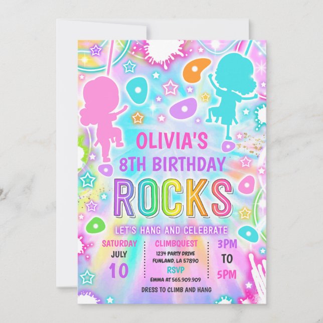 Invitation Neon Glow Tie Dye Rock Escalade fête d'anniversair (Devant)