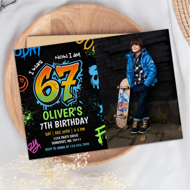 Invitation Neon Graffiti Six Seven Kids 7th Birthday Photo (Créateur téléchargé)
