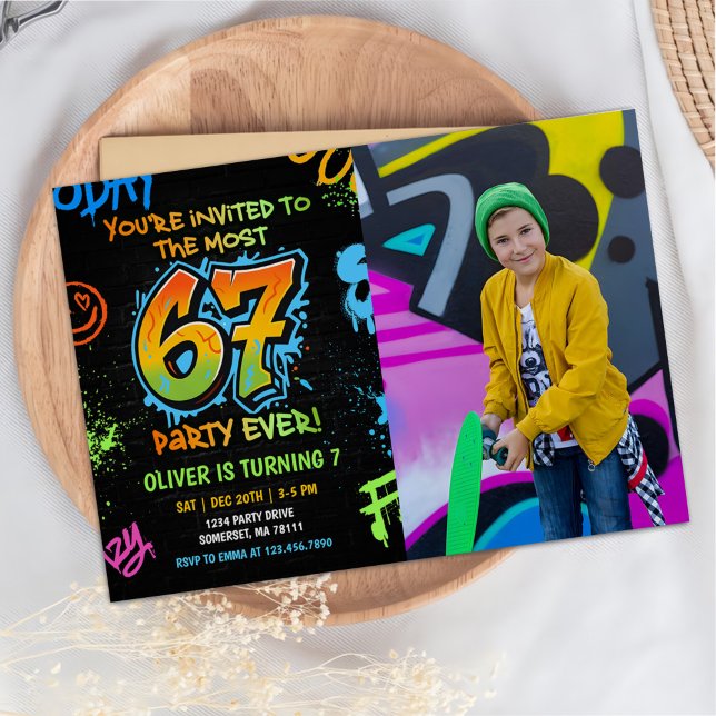 Invitation Neon Graffiti Six Seven Kids 7th Birthday Photo (Créateur téléchargé)