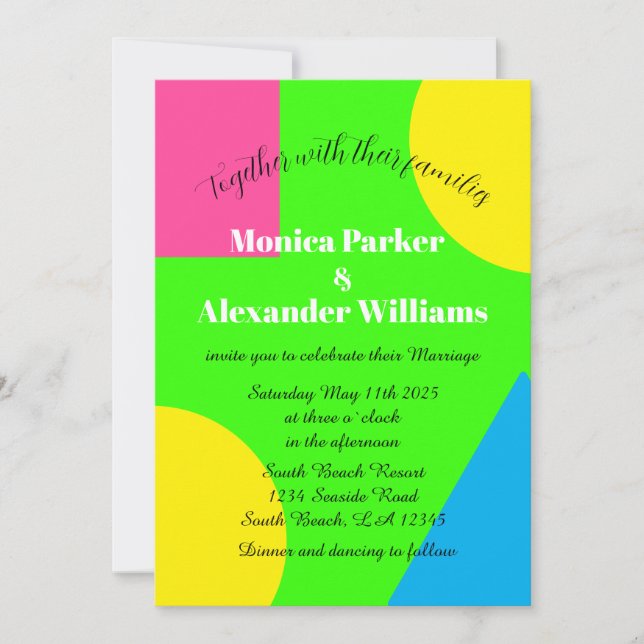 Invitation Neon Green Jaune Rose Bleu moderne Mariage rétro (Devant)