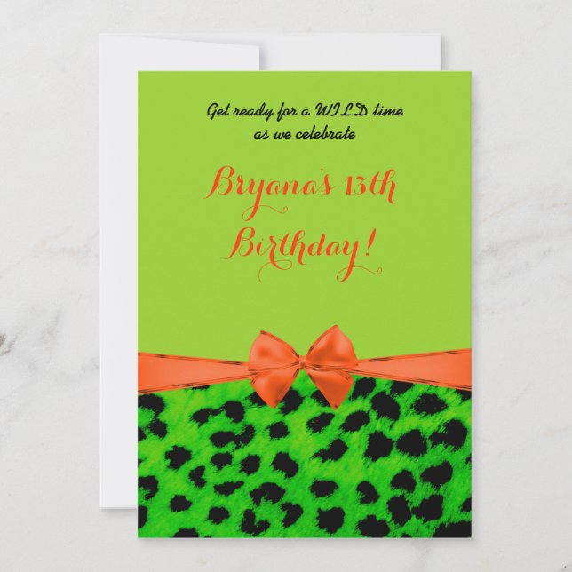 Invitation Neon Green Orange Leopard Cheetah Imprimer Invitat (Devant)
