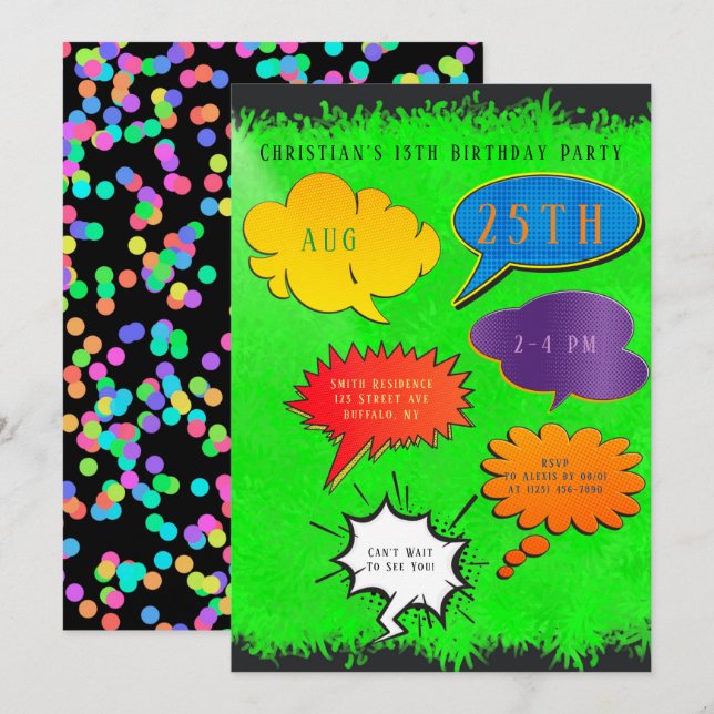 Invitation Neon Green Speech Bubble Boy Girl Birthday Party (Devant / Derrière)