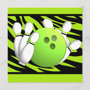 Invitation Neon Green Zebra Stripe Bowling Party