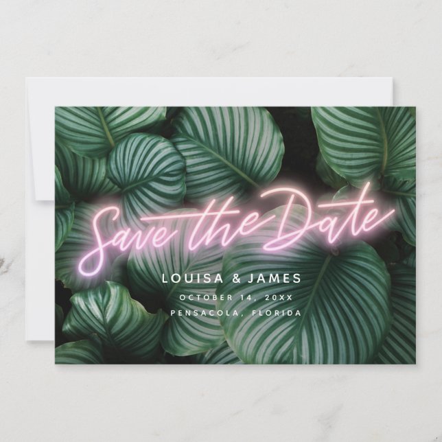 Invitation Neon Greenery Modern Tropical Enregistrer la date (Devant)