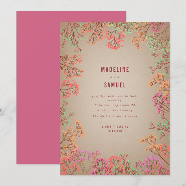 Invitation Neon Gypsophila Botanique Hot rose Mariage Invitat (Devant / Derrière)