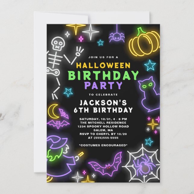 Invitation Neon Halloween Boys 6e Anniversaire Costume Party (Devant)