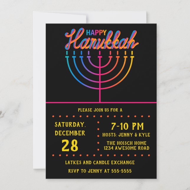 Invitation Neon Happy Hanoukka Menorah (Devant)