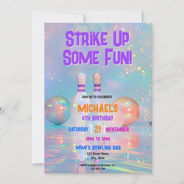 Invitation Neon Holographic Bowling Grève Une Fête Amusante (Devant)