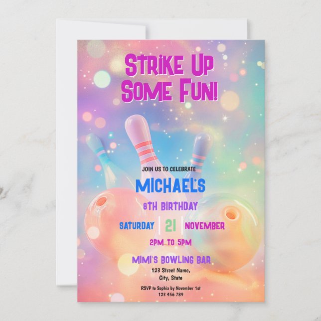 Invitation Neon Holographic Bowling Grève Une Fête Amusante (Devant)