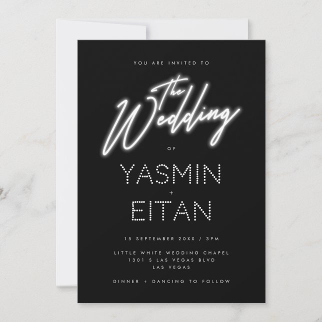 Invitation Neon Lights Black White Mariage informel (Devant)