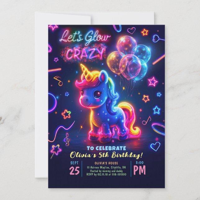 Invitation Neon Lights brillant amusant Unicorn Anniversaire (Devant)
