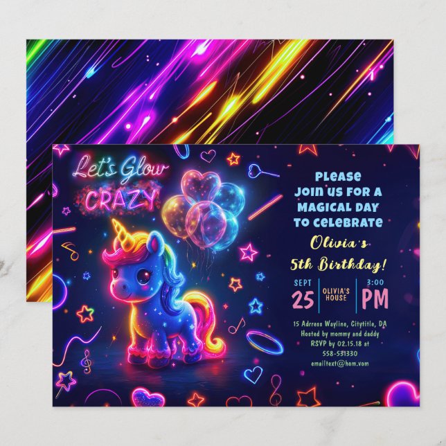 Invitation Neon Lights brillant amusant Unicorn Anniversaire (Devant / Derrière)