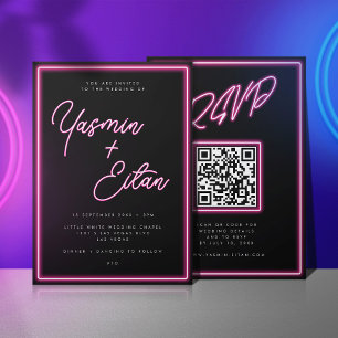 Invitation Neon Lights Hot rose noir Mariage de code QR