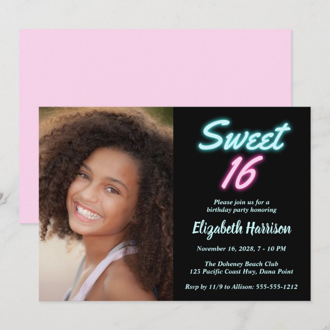 Invitation Neon Lights Sweet 16 Photo Anniversaire (Devant / Derrière)