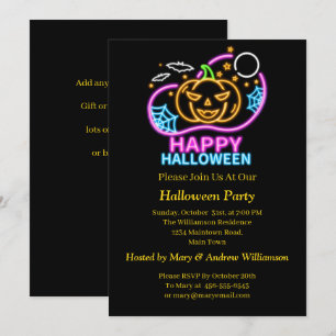 Invitation Neon Llow Look Halloween Citrouilles chauves-souri