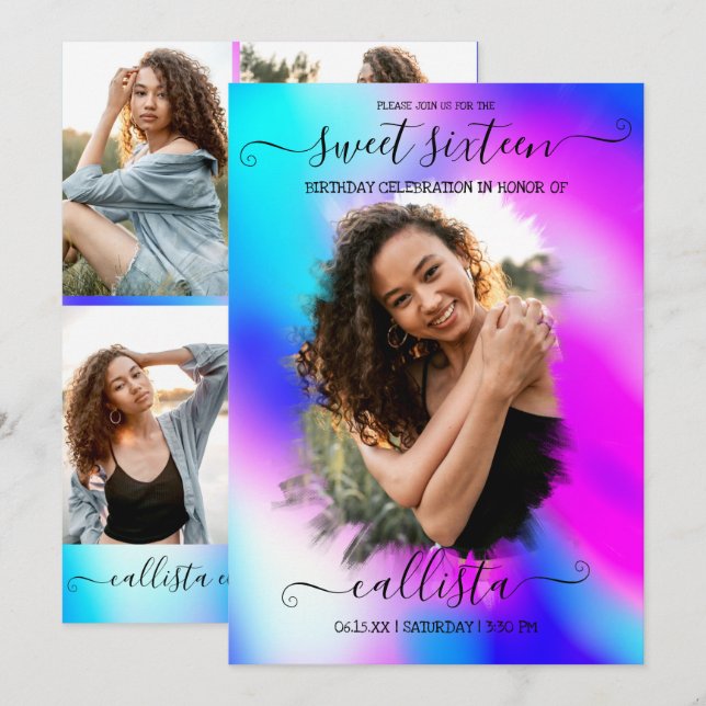 Invitation Neon Mermaid Holographique Photo Collage Sweet 16 (Devant / Derrière)