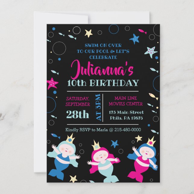 Invitation Neon Mermaid Swim Sea Life Anniversaire Pool Party (Devant)