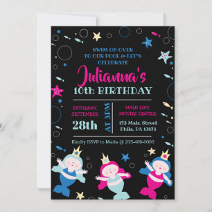 Invitation Neon Mermaid Swim Sea Life Anniversaire Pool Party