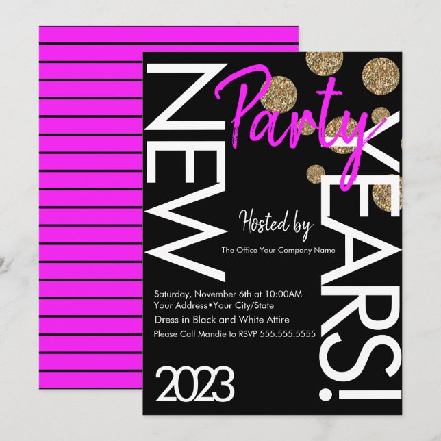 Invitation Neon New Years Party 2023 Typographie blanche rose (Devant / Derrière)
