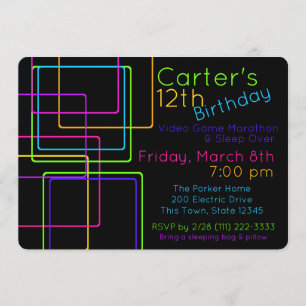 Invitation Neon Night Llow Techno Vidéo Dormir à l'anniversai