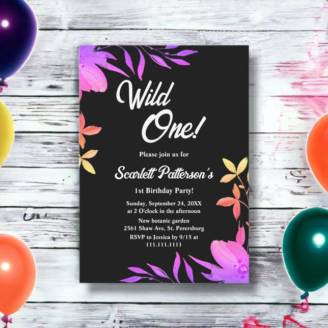 Invitation Neon noir et blanc brillant Floral 1er anniversair (Créateur téléchargé)