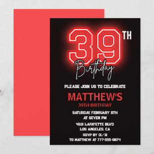 Invitation Neon Noir Rouge Hommes Sport 39e anniversaire