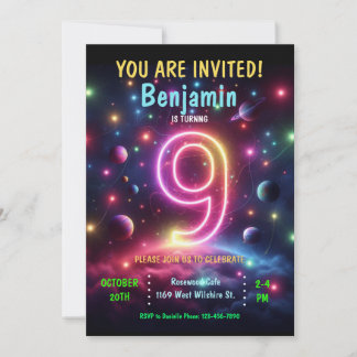 Invitation Neon Number Boy 9e anniversaire