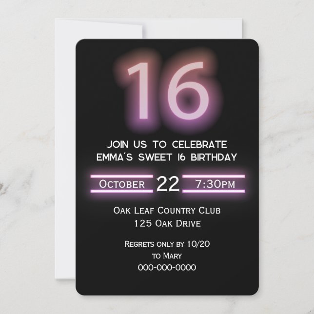 Invitation Neon Pink 16e fête d'anniversaire (Devant)