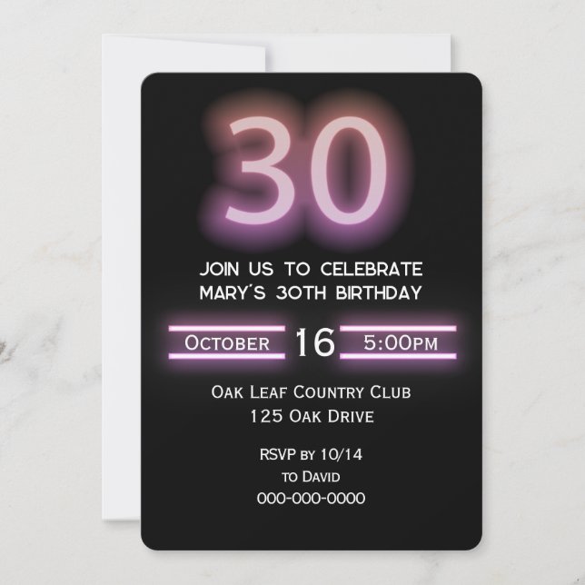 Invitation Neon Pink fête du 30e anniversaire (Devant)