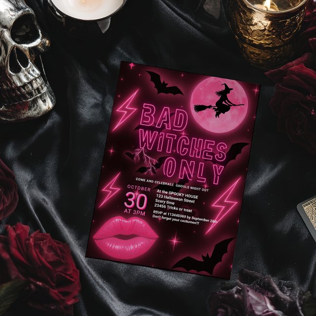 Invitation Neon Pink Mauvaise Sorcières Halloween Filles Sort (Neon Pink Bad Witches Halloween Girls Night Out Invitation)