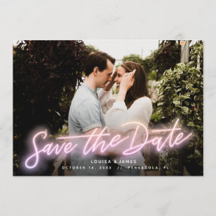 Invitation Neon Pink photo horizontale Enregistrer la date